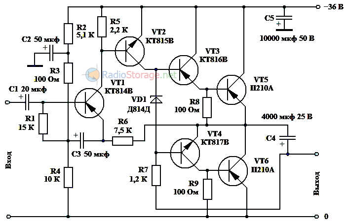 Однополярные унч. Схема усилителя на транзисторах кт802а. Усилитель на транзисторах п217. Схема усилителя звука на транзисторах п210. Усилитель 50 Вт на п210 транзисторах.