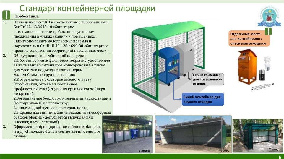 Площадка для мусорных контейнеров: нормативы, расстояния до строений, размеры