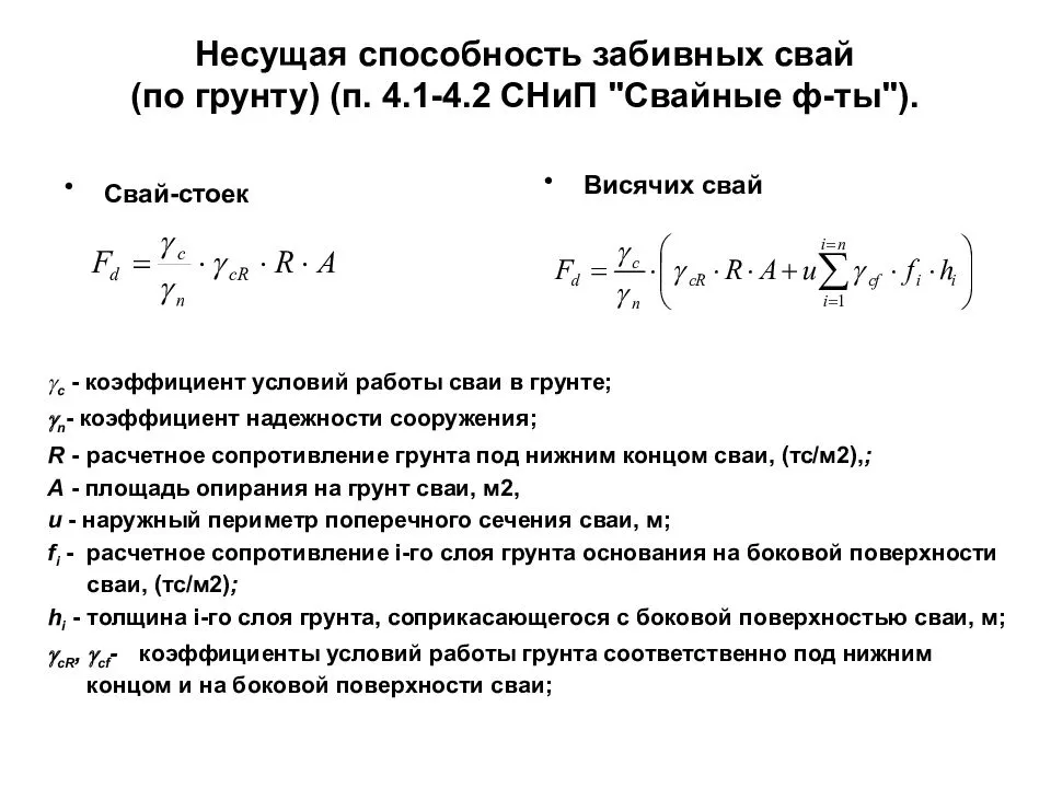 Фундаменты несущая способность грунтов. Формулы для расчета несущей способности свай. Расчет сваи по несущей способности. Расчет несущей способности сваи по материалу пример. Расчет несущей способности висячих свай.