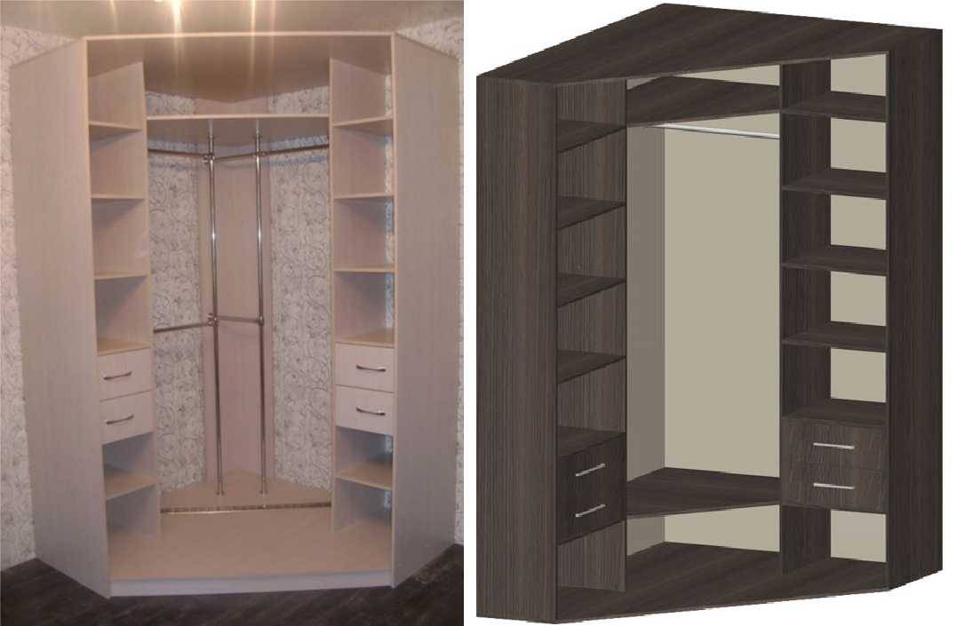 Фото угловой шкаф-купе в спальню: наполнение для маленькой 100 150, дизайн внутри, размеры и образцы