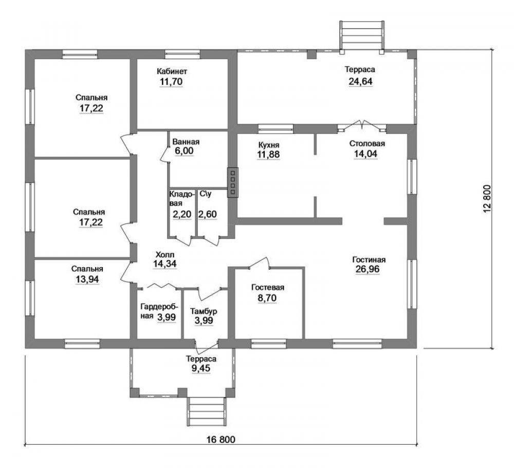 План одноэтажного дома с четырьмя комнатами