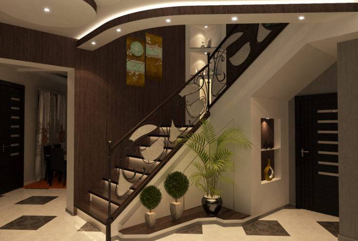 Прихожая с лестницей фото на второй этаж: коридор в клетку и шкафы, дизайн интерьера в частном доме, обои