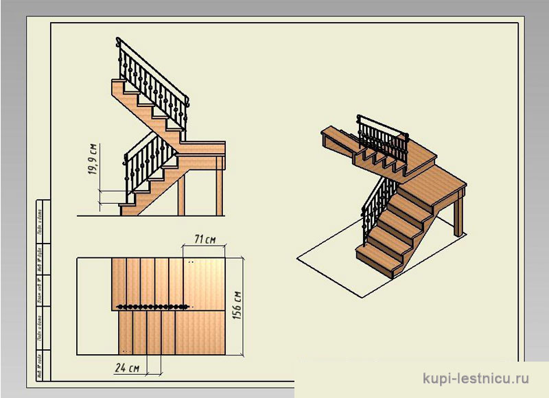 Схема лестницы на второй этаж с поворотом из дерева